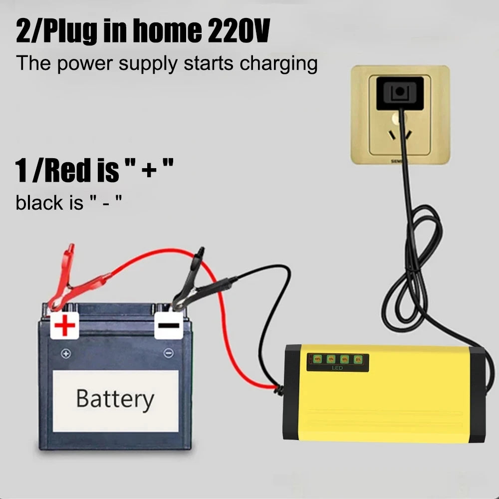 Cargador de batería para coche 12V 2A 220V Power Puls, cargador de reparación para baterías de plomo-ácido húmedas y secas, pantalla LED, cargador de batería para moto y camión.