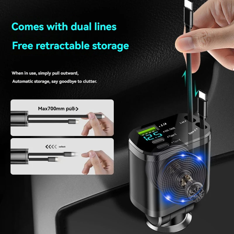 Cargador de coche, cargador de coche con cable retráctil, PD para coche, carga rápida para coche, carga súper rápida, carga flash, encendedor de cigarrillos cinco en uno