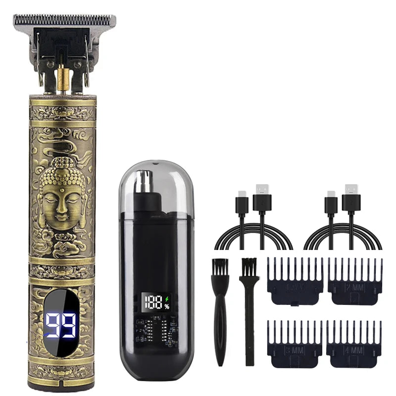 Cortapelos eléctrico vintage T9 para hombre, recortador de barba/máquina de cortar el pelo recargable con kit recortador de vello nasal, regalo para novio.