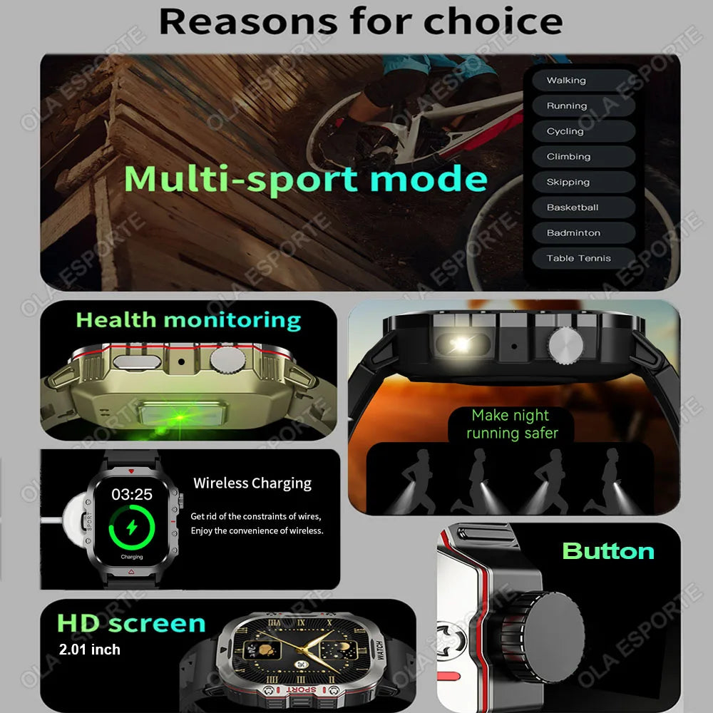 Reloj inteligente militar para hombre, modelo 2026, IP67, 3ATM, para deportes al aire libre, monitor de actividad física, control de presión arterial, llamadas Bluetooth, GPS.