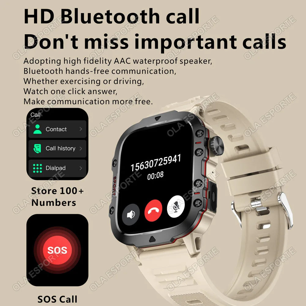 Reloj inteligente militar para hombre, modelo 2026, IP67, 3ATM, para deportes al aire libre, monitor de actividad física, control de presión arterial, llamadas Bluetooth, GPS.