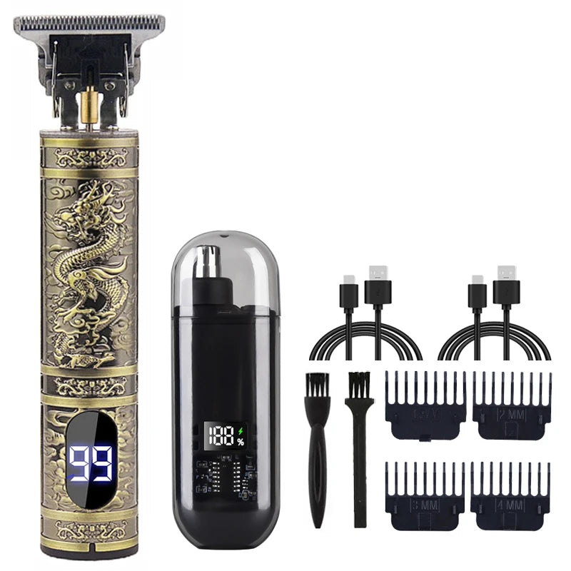 Cortapelos eléctrico vintage T9 para hombre, recortador de barba/máquina de cortar el pelo recargable con kit recortador de vello nasal, regalo para novio.