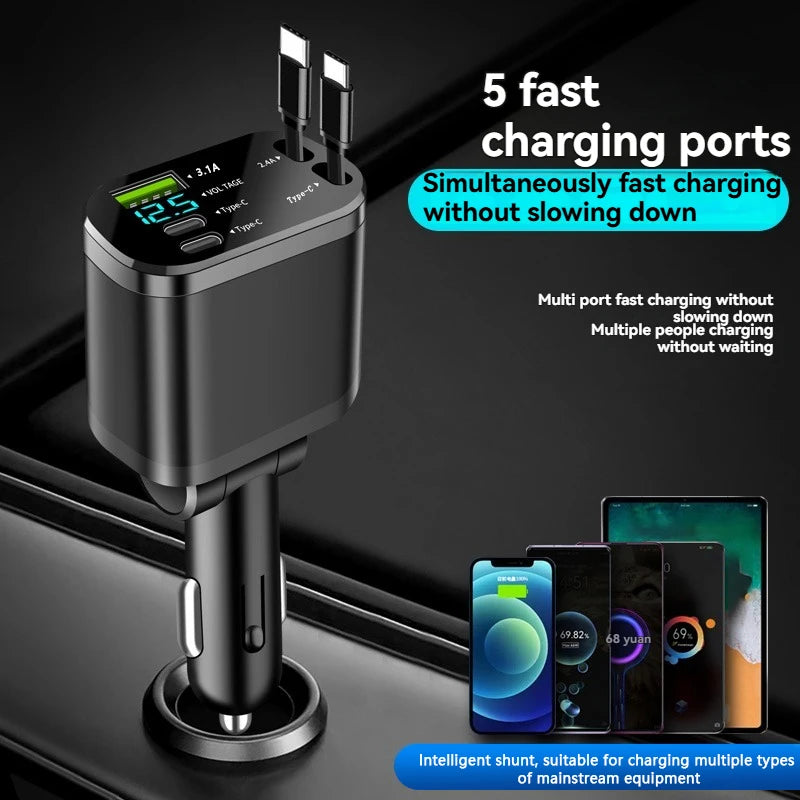 Cargador de coche, cargador de coche con cable retráctil, PD para coche, carga rápida para coche, carga súper rápida, carga flash, encendedor de cigarrillos cinco en uno